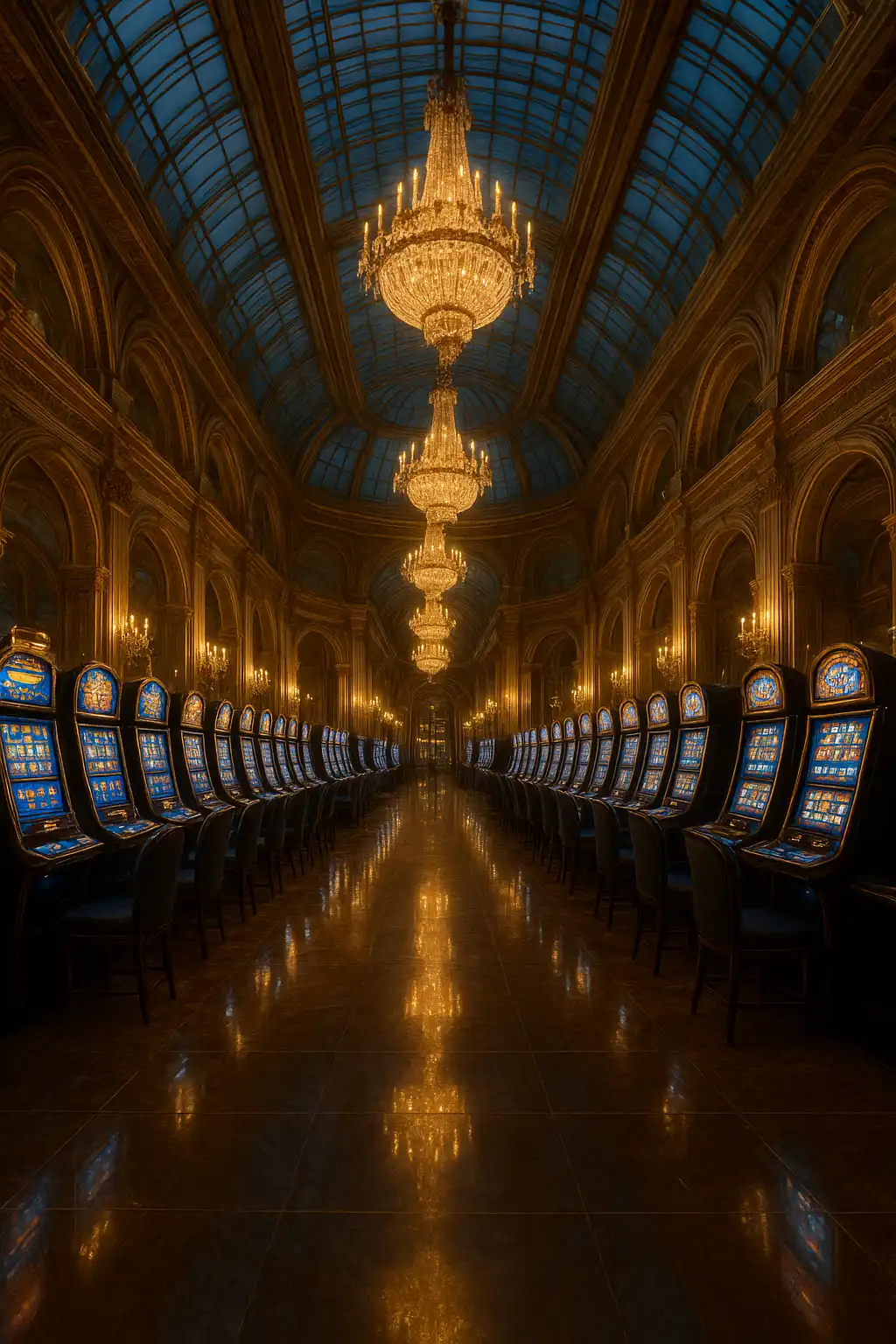 Grand crystal palace casino floor with glowing slot machines and gold chandeliers