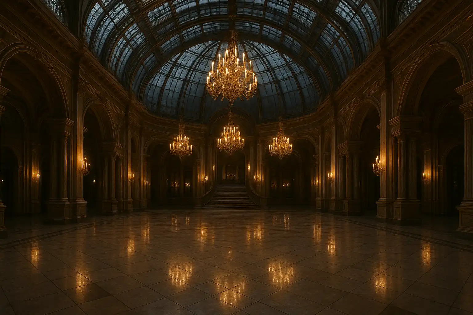 Wide view of a crystal palace casino atrium with marble floors and gold chandeliers