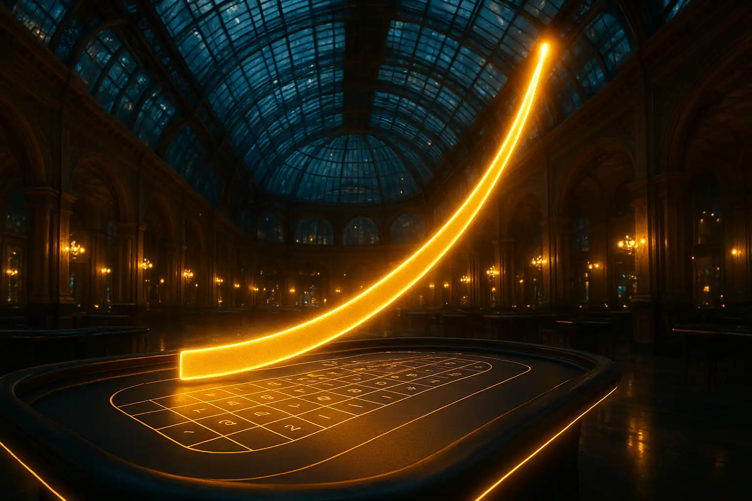 Glowing multiplier curve rising above a crystal palace crash game table