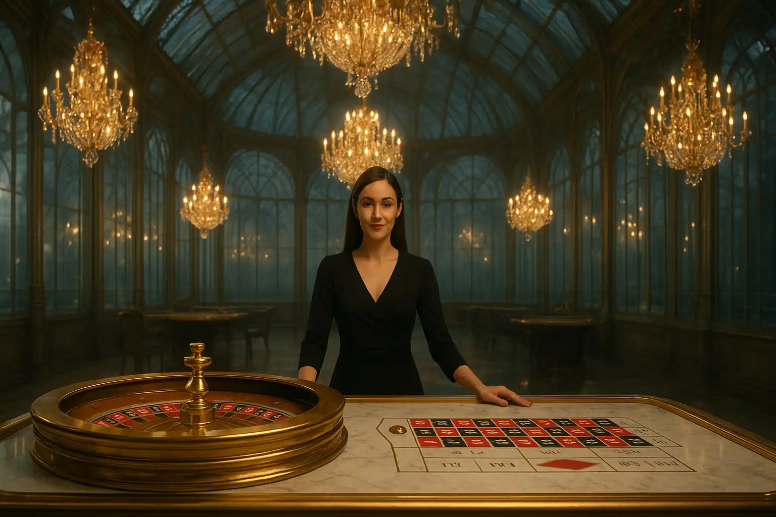 Gold and marble roulette table inside a crystal palace casino with a live dealer