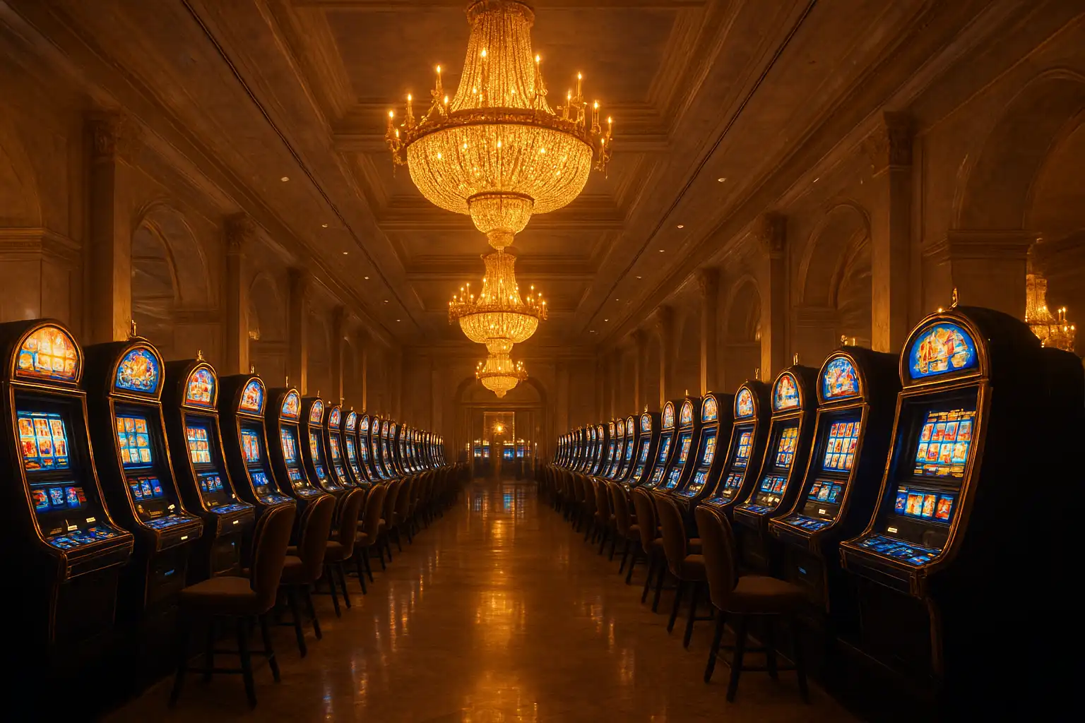 Rows of glowing slot machines inside a marble crystal palace casino hall